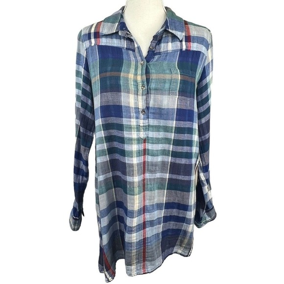 Soft Surroundings Blue Plaid Button Down Shirt Size M Cotton - Picture 1 of 13